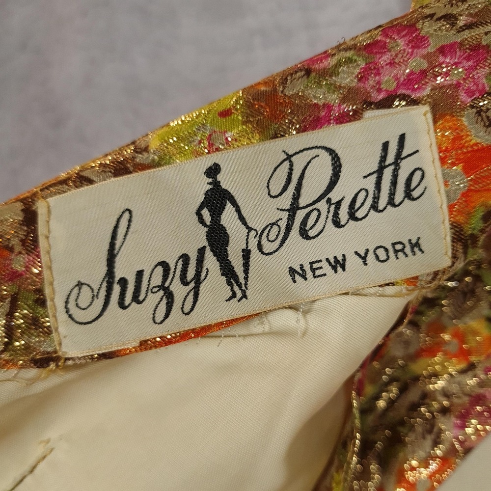 Vintage Suzy Perette Dress Womens Small Floral Metallic Jacquard Fit Flare 60s - Picture 11 of 16